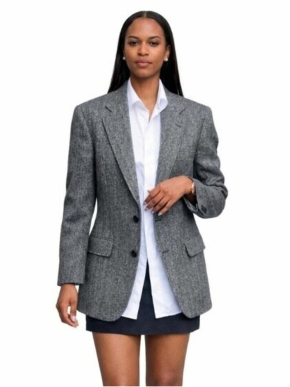 Vintage Gray Herringbone Oversized Single Breasted Blazer